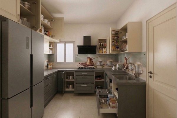 Bucatarie-in-forma-de-U-cu-usile-deschise.